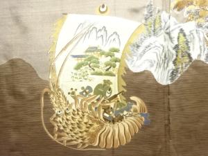 アンティーク　伊勢海老に宝船模様肩裏本場村山泥大島紬男物羽織